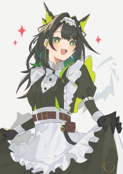 1girl :d alternate_costume apron arknights belt belt_buckle black_dress black_hair bow bowtie bright_pupils brown_belt buckle collared_dress colored_extremities colored_inner_hair commentary contrast_collar dress enmaided frilled_apron frills green_eyes green_hair grey_background hair_intakes highres juliet_sleeves long_hair long_sleeves looking_at_viewer maid mon3tr_(arknights) multicolored_hair open_mouth puffy_sleeves riu_twilight25 simple_background skirt_hold smile solo sparkle teeth traditional_bowtie upper_teeth_only waist_apron white_apron white_bow white_bowtie white_pupils