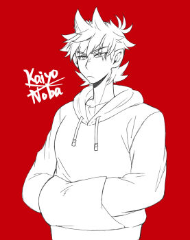 1boy animification antenna_hair artist_name bandage_on_cheek commentary_request cowboy_shot drawstring eddsworld flipped_hair frown greyscale_with_colored_background hair_behind_ear hair_ears hands_in_pocket highres hood hood_down hoodie kaiyo_noba long_sleeves male_focus red_background red_theme short_hair simple_background solo standing tord_(eddsworld)