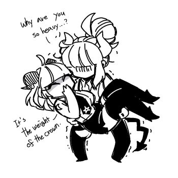 2girls baphomet_(grizz) black_horns black_tail bow carrying closed_eyes demon_girl demon_horns demon_tail full_body goat_girl grizz hair_bun helltaker horns indoors lucifer_(helltaker) monochrome multiple_girls original simple_background sketch tail vanripper_(style) white_horns