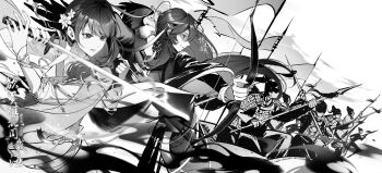 2girls alternate_costume animal armor artist_self-insert attack battle bird blunt_bangs chinese_commentary closed_mouth commission commissioner_insert couple eagle faceless faceless_male flag flower from_side genshin_impact glaring glowing hair_between_eyes hair_flower hair_ornament highres holding holding_weapon japanese_armor japanese_clothes light_smile long_hair long_sleeves looking_ahead mole mole_under_eye monogatari_(series) multiple_boys multiple_girls multiple_others oc_x_canon original raiden_shogun shaded_face sword teeth upper_teeth_only weapon white_background yilinglaozu121 yuri