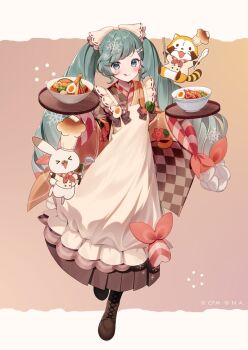 Rule 34 | > <, 1girl, :q, aqua eyes, aqua hair, badge, blush, bow, bowl, brown kimono, brown shoes, chef hat, chopsticks, commentary request, company name, copyright notice, food, fork hair ornament, full body, gradient hair, hair bow, hardboiled egg, hat, hatsune miku, highres, holding, holding chopsticks, holding ladle, holding spoon, japanese clothes, kimono, ladle, looking at viewer, momoshiki tsubaki, multicolored hair, official art, rabbit yukine, shoes, shrimp, snowflakes, solo, soup, spoon, spoon hair ornament, tongue, tongue out, twintails, vocaloid, white bow, white hair, yuki miku, yuki miku (2024)
