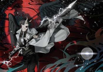 1boy black_eyes black_hair black_shirt black_wings blackbox_(blackbox9158) clenched_hand coat collared_shirt demon_horns feathered_wings feet_out_of_frame holding holding_polearm holding_weapon horns kim_dokja lightning male_focus necktie official_alternate_costume omniscient_reader&#039;s_viewpoint open_clothes open_coat open_mouth polearm red_eyes serious shirt short_hair snowing solo spear third-party_source weapon white_coat white_necktie wings