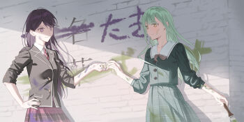 Rule 34 | 2girls, absurdres, bang dream!, bang dream! it's mygo!!!!!, black hair, blue shirt, blue skirt, character name, closed mouth, commentary request, commission, green hair, hand on own hip, haneoka school uniform, highres, holding, holding paintbrush, long hair, mole, mole under eye, multiple girls, necktie, paint on body, paint on clothes, paint splatter, paint splatter on face, paintbrush, plaid clothes, plaid necktie, plaid skirt, purple eyes, purple necktie, purple skirt, school uniform, second-party source, shade, shiina taki, shirt, sidelocks, skirt, sleeves rolled up, three-quarter sleeves, tsukinomori school uniform, wakaba mutsumi, yellow eyes, yowabi3w