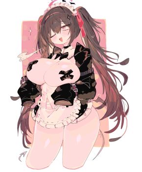 1girl absurdres black_choker bow bowtie breasts brown_hair choker commentary_request commission highres large_breasts long_hair long_sleeves maid maid_headdress mole mole_on_breast one_eye_closed original oversized_clothes pasties pink_eyes solo tape tape_on_nipples thick_thighs thighs twintails unconventional_maid usa37107692