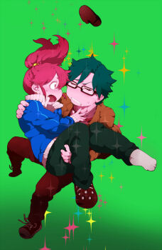 Rule 34 | 1boy, 1girl, black hair, blush, carrying, glasses, hen zemi, ichikawa hishiyasu, katou anna, ponytail, princess carry, red hair, reticulum, single shoe