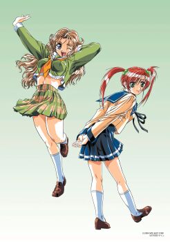 Rule 34 | 1990s (style), 2girls, arms behind back, arms up, blue eyes, blue skirt, brown hair, brown shoes, company name, copyright notice, data east, doukoku soshite..., full body, gradient background, green background, green eyes, green skirt, hair bobbles, hair ornament, hatori itsumi, high-waist skirt, highres, leaning forward, long hair, long sleeves, looking at viewer, midriff, miniskirt, multiple girls, non-web source, norma wendy, official art, one eye closed, open mouth, outstretched arms, own hands together, plaid clothes, plaid skirt, pleated skirt, red hair, retro artstyle, school uniform, shoes, skirt, smile, socks, standing, standing on one leg, thick eyebrows, twintails, white socks, yokota mamoru