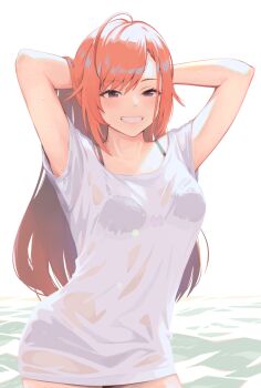 1girl arisugawa_natsuha armpits arms_behind_head arms_up bikini bikini_under_clothes blush breasts commentary_request eyelashes grin idolmaster idolmaster_shiny_colors long_hair looking_at_viewer medium_breasts red_hair see-through_clothes see-through_shirt shirt short_sleeves simple_background smile solo swimsuit tomamatto water wet wet_clothes wet_shirt white_background