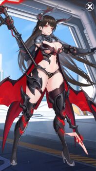 1girl adrien_(idle_epic_angle_of_fate) animated animated_gif armor bikini bikini_armor black_bikini breasts cleavage clothing_cutout full_body holding holding_behind_back holding_scythe holding_weapon idle_epic_angle_of_fate long_hair non-web_source scythe swimsuit weapon