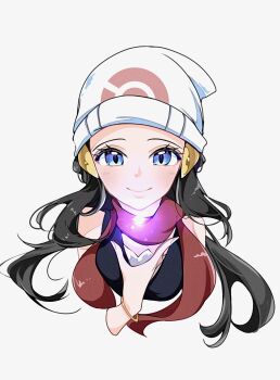 Rule 34 | 1girl, beanie, black hair, black shirt, blue eyes, blush, bracelet, closed mouth, cocoa s3, commentary, cropped shoulders, dawn (pokemon), hair ornament, hairclip, hat, highres, jewelry, long hair, looking at viewer, nintendo, poke ball print, poke ball symbol, pokemon, pokemon dppt, red scarf, scarf, shirt, simple background, sleeveless, smile, solo, symbol-only commentary, white hat