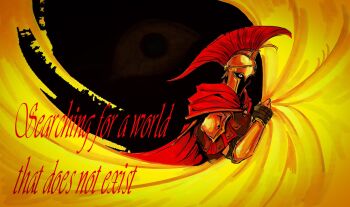 1other ambiguous_gender armor black_gloves cape clenched_hand close-up copyright_name d3rlord3 fingerless_gloves gloves hand_up helmet highres horror_(theme) knight looking_at_viewer other_focus partially_shaded_face potopoto258 red_cape searching_for_a_world_that_doesn't_exist the_king_in_yellow_(searching_for_a_world_that_doesn't_exist)