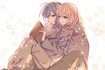 Rule 34 | 2girls, bang dream!, bang dream! it&#039;s mygo!!!!!, blonde hair, blue hair, blush, book, chinese commentary, commentary request, grey pants, grey shirt, hair between eyes, highres, holding, holding book, hug, hug from behind, jilanzhijing, long hair, medium hair, misumi uika, multiple girls, orange eyes, pajamas, pants, purple eyes, shirt, sidelocks, sitting, togawa sakiko, white background, yuri