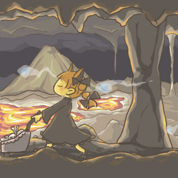 1girl animal_ears braid cat_ears cat_girl cat_tail cave chibi female_focus hell kaenbyou_rin kiga3bon lowres marukei_(kuramaruk) lava solo tail touhou volcano walking wheelbarrow