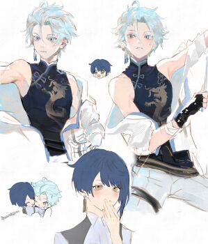 Rule 34 | 2boys, alternate costume, alternate hairstyle, blue eyes, blue hair, blush, chibi, chongyun (genshin impact), clothes down, commentary, cropped legs, earrings, english commentary, fae (faereiyon), frilled sleeves, frills, genshin impact, highres, hood, hoodie, hug, jewelry, male focus, multiple boys, pants, short hair, simple background, sleeveless, tassel, tassel earrings, white background, white hoodie, white pants, xingqiu (genshin impact), yaoi