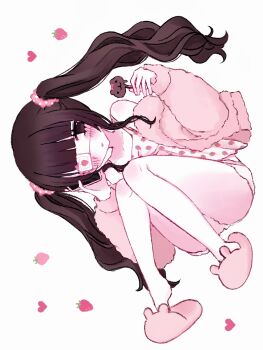 1girl animal_slippers blunt_bangs blush brown_eyes brown_hair candy dress eyepatch food food_print fruit_print hachiiya hair_between_eyes heart highres holding holding_candy holding_food holding_lollipop holding_phone jacket jirai_kei knees_together_feet_apart lollipop long_hair long_sleeves looking_to_the_side open_clothes open_jacket original phone pink_jacket pink_slippers shorts simple_background slippers solo strawberry_print tongue tongue_out twintails white_background