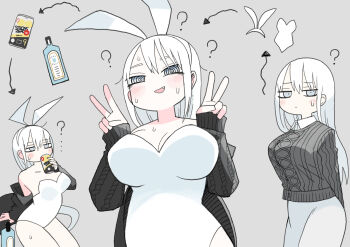 1girl abe_tomomi animal_ears black_sweater blue_eyes blush can drink_can drunk long_hair original playboy_bunny rabbit_ears skirt sweater v white_hair white_skirt