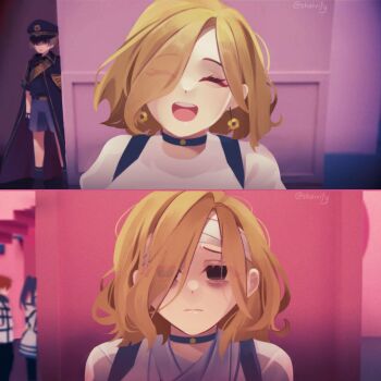 1boy 1other 2girls :d ^_^ asymmetrical_bangs bags_under_eyes bandaged_head bandages before_and_after blonde_hair brown_eyes choker closed_eyes depressed earrings empty_eyes es_(milgram) frown furrowed_brow hair_over_one_eye jewelry kajiyama_fuuta kashiki_yuno looking_at_viewer meme messy_hair milgram multiple_girls open_mouth parted_hair restraints shaivify shiina_mahiru_(milgram) short_hair smile solo_focus squid_game straitjacket sunflower_earring year_1_&amp;_year_2_(squid_game)_(meme)