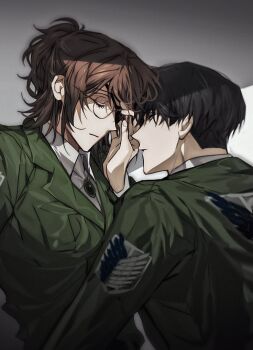 Rule 34 | 1boy, 1girl, ambiguous gender, androgynous, black hair, brown hair, closed eyes, coat, collared shirt, commentary request, couple, eyepatch, from side, glass, green coat, hair between eyes, hange zoe, hetero, high ponytail, holding, holding removed eyewear, korean commentary, leaning back, leaning forward, levi (shingeki no kyojin), looking down, mimisura nisura, paradis military uniform, parted lips, ponytail, shade, shingeki no kyojin, shirt, unworn eyewear, wavy hair, white shirt
