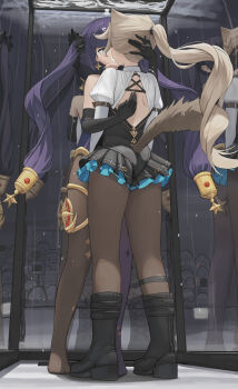 2girls absurdres animal_ears black_gloves black_leotard black_pantyhose black_shoes blue_leotard cat_ears cat_girl cat_tail dolri elbow_gloves genshin_impact gloves grey_hair highres kiss leotard long_hair lynette_(genshin_impact) mona_(genshin_impact) multiple_girls pantyhose purple_hair shoes shrug_(clothing) tail twintails underwater white_shrug yuri