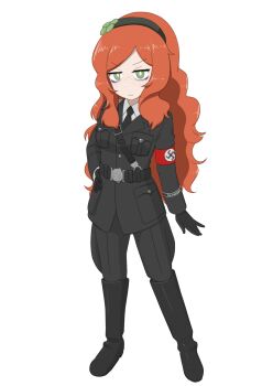 1girl 4chan armband bags_under_eyes black_boots black_cat03 black_necktie black_pants black_shirt boots breasts clover clover_hair_ornament commission four-leaf_clover freckles green_eyes hair_ornament hairband hand_on_own_hip highres long_hair looking_at_viewer military_dress_uniform military_uniform nazi necktie orange_hair pants red_armband reichsadler shirt sidelocks simple_background solo swastika vivian_james waffen-ss white_shirt world_war_ii