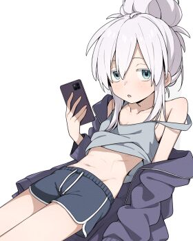 1girl abs blue_eyes body_freckles breasts clothes_lift colored_eyelashes deux_murasame dolphin_shorts freckles gundam gundam_gquuuuuux hair_bun highres holding holding_phone itami_sumihito jacket looking_at_viewer navel open_clothes open_jacket parted_lips phone shorts shoulder_freckles simple_background small_breasts solo stomach tank_top thighhighs updo white_background white_eyelashes white_hair