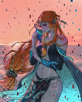 1girl absurdres artist_name black_nails breasts circlet colored_skin commentary cowboy_shot english_commentary grey_skin highres holding holding_shell horizon kalisami1 lips long_hair low-tied_long_hair medium_breasts midna midna_(true) navel nintendo orange_hair parted_lips pelvic_curtain pointy_ears red_eyes shell solo spoilers sunset the_legend_of_zelda the_legend_of_zelda:_twilight_princess