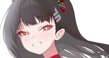 Rule 34 | 1girl, black hair, blue archive, blush, bright pupils, commentary, english commentary, floating hair, flower, hair flower, hair ornament, hairclip, head tilt, looking at viewer, millennium science school logo, red eyes, rio (blue archive), rosumini, smile, white background, white pupils