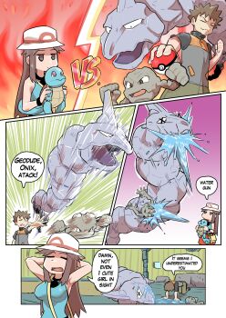 1girl breasts brock_(pokemon) brown_eyes brown_hair closed_eyes commentary english_commentary english_text gen_1_pokemon geodude hat highres holding horns indoors leaf_(pokemon) long_hair nintendo onix open_mouth poke_ball poke_ball_(basic) pokemon pokemon_(creature) pokemon_frlg porkpie_hat red_skirt shirt short_hair single_horn skirt sleeveless speech_bubble spiked_hair squirtle standing tail turtle ukaya_masaru vs water_gun_(pokemon) white_hat x_x yellow_bag