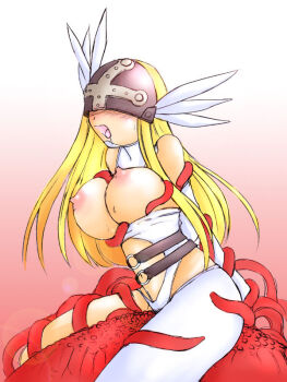 Rule 34 | 00s, 1girl, angel, angewomon, blonde hair, breasts, digimon, digimon adventure, digimon adventure 02, female focus, gradient background, nipples, solo, tentacles, white background