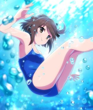 1girl :t bare_arms bare_legs black_ribbon blue_one-piece_swimsuit blurry blurry_background breasts brown_eyes brown_hair bubble cleavage closed_mouth dot_nose etou_kanami feet_out_of_frame floating game_cg hair_ribbon hands_up holding_breath looking_at_viewer official_art one-piece_swimsuit one_side_up ribbon short_hair sidelocks small_breasts solo sparkle swimsuit third-party_source toji_no_miko toji_no_miko:_kizamishi_issen_no_tomoshibi underwater