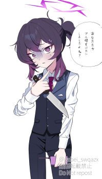 1girl absurdres artist_name black_pants black_suit blue_archive chainsaw_man collared_shirt cosplay cowboy_shot crossed_bangs formal_clothes hair_between_eyes hair_ornament hairclip halo haruka_(blue_archive) haruka_(suit)_(blue_archive) higashiyama_kobeni higashiyama_kobeni_(cosplay) highres holding holding_knife holding_walkie-talkie knife long_shirt looking_at_viewer mochini pants ponytail purple_eyes purple_hair purple_halo red_necktue scene_reference shirt short_ponytail sidelocks solo speech_bubble suit sweatdrop translation_request walkie-talkie white_background white_shirt
