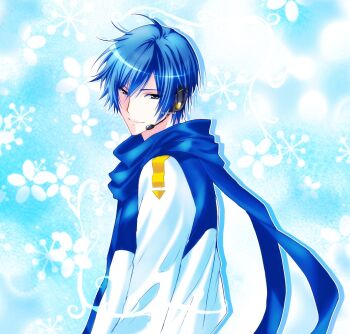 1boy blue_background blue_eyes blue_hair coat commentary drop_shadow english_commentary headphones headset highres kaito_(vocaloid) long_sleeves looking_back male_focus roozaku scarf short_hair smile solo upper_body vocaloid