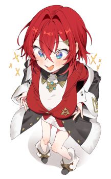 1girl absurdres alternate_breast_size_(larger) ange_katrina ange_katrina_(1st_costume) ankle_boots blue_eyes blush boots breasts cardigan coat collared_dress crossed_bangs double-parted_bangs dress from_above full_body grey_boots grey_coat hair_between_eyes hair_intakes hair_ornament hands_up hashtag-only_commentary highres kunikune large_breasts long_bangs long_sleeves looking_down nijisanji off_shoulder open_mouth pigeon-toed red_cardigan red_hair short_dress simple_background smile solo sparkle standing triangle_hair_ornament variant_set virtual_youtuber white_background white_dress