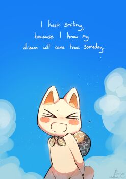 >_< 1boy absurdres animal_ears backpack bag blue_sky blush_stickers cat_boy cat_ears cat_tail chibikemo cloud commentary doko_demo_issyo english_commentary english_text facing_viewer furry highres inoue_toro male_focus open_mouth sky smile solo standing tail tears upper_body white_fur wolfaroon