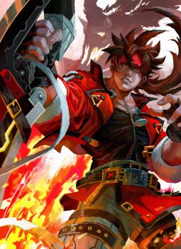 1boy brown_eyes brown_hair cowboy_shot guilty_gear highres holding holding_weapon jacket male_focus open_clothes open_jacket pants parted_lips ponytail red_jacket smirk sol_badguy solo weapon white_pants yanmanxplore