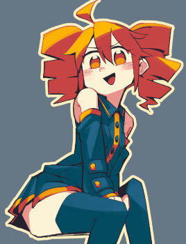 >:) 1girl ahoge alternate_color between_legs blue_background blue_shirt blue_skirt blue_thighhighs border commentary detached_sleeves drill_hair feet_out_of_frame from_side hand_between_legs highres kasane_teto light_blush long_sleeves looking_at_viewer medium_hair open_mouth orange_eyes orange_hair orange_trim pleated_skirt red_miso shirt simple_background sitting skirt smile solo thighhighs turning_head twin_drills utau v-shaped_eyebrows yellow_border zettai_ryouiki