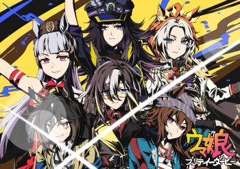 6+girls ahoge bare_shoulders beanie black_hair black_hat black_jacket blue_eyes blue_jacket bow breasts brown_eyes brown_hair brown_hat collared_shirt commentary dream_journey_(umamusume) dress dress_shirt ear_bow ears_through_headwear english_commentary eyes_visible_through_hair fenomeno_(umamusume) forehead gabu_gabugabuga glasses gold_ship_(red_strife)_(umamusume) gold_ship_(umamusume) grey_hair grey_hat hair_over_one_eye hat highres jacket medium_breasts mini_hat multicolored_hair multiple_girls nakayama_festa_(umamusume) open_clothes open_jacket orfevre_(umamusume) parted_bangs peaked_cap purple_bow purple_eyes purple_hair red_bow red_dress red_eyes red_shirt shirt sleeveless sleeveless_dress stay_gold_(umamusume) stay_gold_clan_(umamusume) ttgl_eyecatch two-tone_hair umamusume white_jacket white_shirt yellow_background