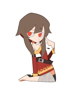 1girl andrew_londortz arm_at_side arm_support bandaged_leg bandages bare_shoulders belt belt_buckle black_thighhighs breasts brown_belt brown_hair buckle closed_mouth collarbone dress eyelashes full_body hair_over_shoulder index_finger_raised kneeling kono_subarashii_sekai_ni_shukufuku_wo! leaning_back long_sleeves loose_belt megumin narrow_waist no_pupils off-shoulder_dress off_shoulder on_ground pointing pointing_at_self pursed_lips raised_eyebrow red_dress red_eyes short_dress short_hair short_hair_with_long_locks sidelocks simple_background single_bare_foot single_thighhigh small_breasts solo thighhighs toon_(style) v-shaped_eyes white_background wide_hips yellow_trim zettai_ryouiki