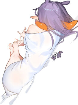 1girl absurdres barefoot chocosong commentary_request from_behind gradient_hair highres hololive hololive_english long_hair long_shirt lying multicolored_hair ninomae_ina'nis no_pants orange_hair pointy_ears purple_hair shirt sidelocks simple_background single_off_shoulder solo straight_hair t-shirt takodachi_(ninomae_ina'nis) tentacle_hair virtual_youtuber white_background white_shirt