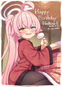 1girl ahoge alternate_costume birthday black_pantyhose blue_archive blue_eyes blush border character_name commentary dated dotera_(clothes) eating fading_border food food_request hair_between_eyes halo happy_birthday heterochromia highres holding holding_food holding_plate hoshino_(blue_archive) indoors irregular_border japanese_clothes kimono kotatsu lolikaku long_hair looking_at_viewer looking_to_the_side open_mouth pantyhose pink_hair pink_halo plate ponytail red_kimono signature sitting solo table white_border yellow_eyes