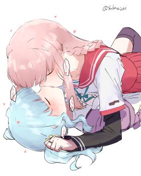 2girls absurdres blush braid closed_eyes futaba_sana green_hair highres hime_cut holding_hands kamihama_university_affiliated_school_uniform kiss lying_on_another magia_record:_mahou_shoujo_madoka_magica_gaiden mahou_shoujo_madoka_magica mizuna_girls&#039;_academy_school_uniform multiple_girls pink_hair purple_thighhighs sakaemdg school_uniform serafuku tamaki_iroha thighhighs twin_braids twintails yuri