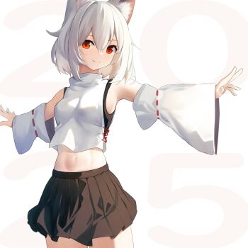 1girl absurdres animal_ears black_skirt closed_mouth cowboy_shot detached_sleeves hat highres inubashiri_momiji kotoha_(kotoha65) looking_at_viewer midriff miniskirt navel outstretched_arms pleated_skirt pom_pom_(clothes) red_eyes red_hat ribbon-trimmed_sleeves ribbon_trim shirt short_hair skirt sleeveless sleeveless_shirt smile solo spread_arms standing tokin_hat touhou turtleneck turtleneck_shirt white_hair white_shirt white_sleeves wolf_ears wolf_girl