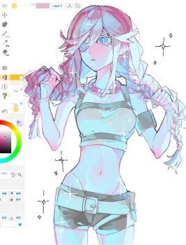 Rule 34 | 1girl, armband, art program in frame, black shorts, braid, choker, commentary, cropped shirt, flipped bangs, fukukoma, gachiakuta, green eyes, hands up, highres, holding own hair, long hair, low twin braids, lowleg, lowleg shorts, narrow waist, red choker, red hair, riyo reaper, shirt, shorts, sidelocks, solo, twin braids, very long hair, white shirt