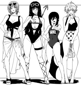 4girls abs bag barefoot bikini black_bikini braid breasts chainsaw_man chest_strap cleavage contrapposto covered_navel death_devil_(chainsaw_man) ear_piercing earrings embarrassed eyewear_on_head fami_(chainsaw_man) famine_devil_(chainsaw_man) fishnets full_body greyscale hand_on_own_chest hand_on_own_hip heart heart-shaped_eyewear highleg highleg_bikini highleg_one-piece_swimsuit highres holding holding_bag innertube jewelry lineup long_hair mole mole_under_each_eye mole_under_eye monochrome multi-strapped_bikini_top multicolored_bikini multiple_girls multiple_moles navel nayuta_(chainsaw_man) one-piece_swimsuit open_mouth piercing plunging_neckline pointing pointing_at_viewer ringed_eyes sarong scar scar_on_face see-through_clothes see-through_sarong short_hair side_braid slippers smile standing sunglasses swim_ring swimsuit thigh_strap v-shaped_eyebrows very_long_hair wolf_cut yones81239278 yoru_(chainsaw_man)