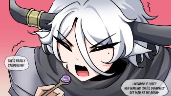 1girl animal_ears armor blush closed_eyes commentary cow_ears cow_girl cow_horns english_commentary english_text gradient_background highres horns mole mole_under_eye nachtflugel open_mouth original scar scar_on_face short_hair spoon trembling