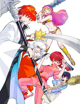 Rule 34 | 1980s (style), 2boys, 3girls, alternate form, animal ears, animal print, bamboo broom, bead necklace, beads, bikini, black hair, blush, breasts, broom, club, club (weapon), cone horns, cosplay, creator connection, crossover, dog ears, dress, eyeshadow, green hair, holding, holding scythe, holding sword, holding weapon, horns, inuyasha, inuyasha (character), japanese clothes, jewelry, kanabou, kyoukai no rinne, long hair, lum, maison ikkoku, makeup, mamemaki, multiple boys, multiple crossover, multiple girls, necklace, oldschool, oni, otonashi kyouko, over shoulder, pearl necklace, ranma-chan, ranma 1/2, red hair, retro artstyle, rokudou rinne, saotome ranma, scythe, setsubun, shiina takashi, spiked club, strapless, strapless bikini, swimsuit, sword, tiger print, traditional youkai, urusei yatsura, weapon, weapon over shoulder, white background