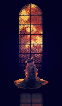 1girl collared_shirt commentary cross dolls_in_pseudo_paradise english_commentary fedora frilled_hat frilled_skirt frills hat hat_feather highres holding holding_cross jacket_girl_(dipp) long_hair long_skirt long_sleeves neck_ribbon ribbon sepia shirt skirt skirt_set solo touhou user_umfu5852 very_long_hair vest wavy_hair white_shirt window