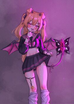 1girl :3 alternate_costume animal_ears bat_wings black_horns black_ribbon black_serafuku black_shirt black_skirt black_thighlet blonde_hair blush borzoii breasts cameltoe cerber_(vtuber) clothes_lift crop_top crop_top_overhang cross cross_potent demon_horns demon_tail dog_ears dog_girl dripping eyelashes facial_mark feet_out_of_frame gaping hair_between_eyes hair_ribbon hair_tie_on_wrist half-closed_eyes hand_on_own_chin head_tilt heart heart_facial_mark heart_o-ring highres horns indie_virtual_youtuber kneehighs lifting_own_clothes long_hair long_sleeves looking_at_viewer loose_socks midriff miniskirt monster_girl navel o-ring open_mouth panties pink_light pink_panties pink_ribbon pink_sailor_collar pink_scrunchie pleated_skirt purple_background purple_eyes pussy_juice raised_inner_eyebrows ribbon sailor_collar school_uniform scrunchie serafuku shade shirt sidelighting skirt skirt_lift small_breasts socks solo standing tail tail_ornament tail_pussy tail_ribbon tongue two_side_up underwear very_long_hair virtual_youtuber white_socks wings wrist_scrunchie