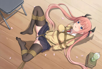 1girl absurdres arms_behind_back bdsm black_skirt blue_eyes blush bondage bound car full_body hair_ornament highres himekawa_nene long_hair looking_at_viewer lying mayonaka_heart_tune meitoku motor_vehicle panties pink_hair rope school_uniform shibari skirt solo sweatdrop thighhighs underwear