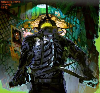 1boy armor belt black_gloves black_jacket bug caiman_(dorohedoro) ceiling_light chain-link_fence dorohedoro dual_wielding facing_away fence from_behind gloves highres holding holding_knife jacket knife lamp lizardman long_sleeves looking_at_viewer male_focus nano_(c175311) ofuda photo_(object) plant_roots reptile_boy reverse_grip signature solo spikes tentacles unworn_gloves upper_body