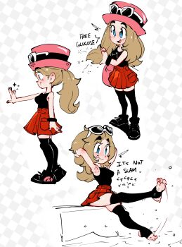 Rule 34 | 1girl, absurdres, armpits, arms up, blonde hair, blue eyes, commentary, english commentary, english text, eyelashes, eyewear on headwear, feet, hat, highres, jellot, long hair, nintendo, open mouth, pink hat, pokemon, pokemon xy, ponytail, red skirt, serena (pokemon), shirt, skirt, sleeveless, sleeveless duster, sleeveless shirt, smile, soles, speech bubble, stirrup legwear, sunglasses, thighhighs, toeless legwear, toes, white-framed eyewear